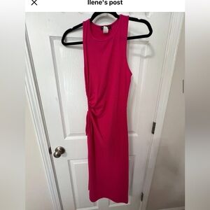 Caution To The Wind Hot Pink Sleeveless Midi Dress with Side Gather